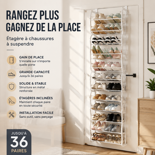 👟🔥 -50% ! Organisateur Chaussures Suspendu Porte – Jusqu'à 36 Paires Métal Robuste Stable, Étagères Inclinées Anti-Glissement Talons Bottes Baskets, Installation Sans Outils Secondes · 3 Coloris · 4-8-12 Étages ✨