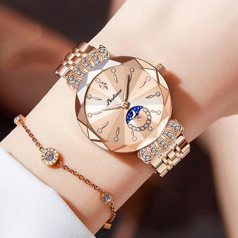 Montre Étoile et Lune à La Mode en Diamant pour Femmes