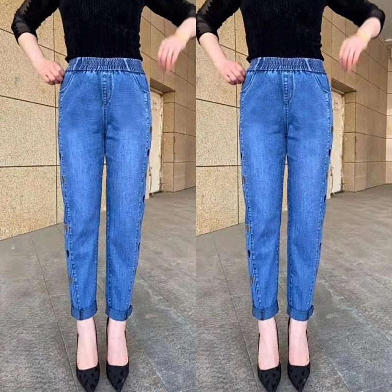 Jeans brodés à motif de cœur à haute élasticité pour femmes