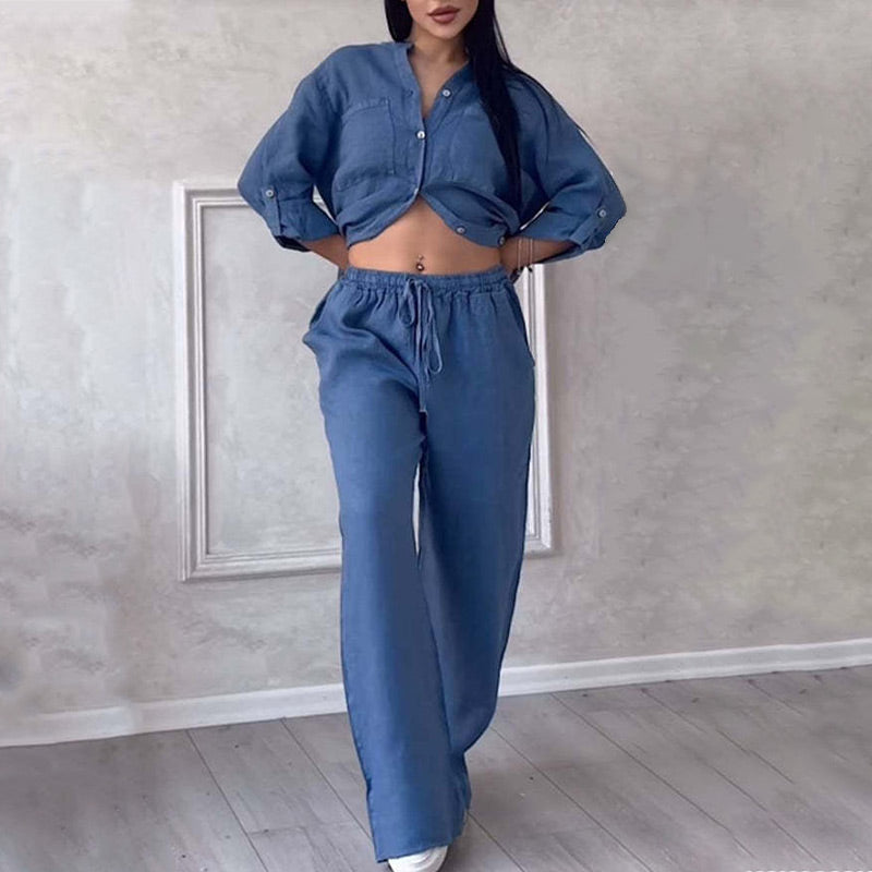 🌸🔥Tenue 2 pièces pour femme : chemise boutonnée et pantalon💥💥54 % de réduction