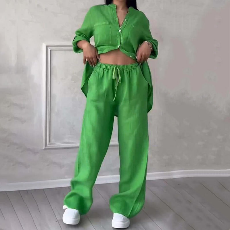 🌸🔥Tenue 2 pièces pour femme : chemise boutonnée et pantalon💥💥54 % de réduction