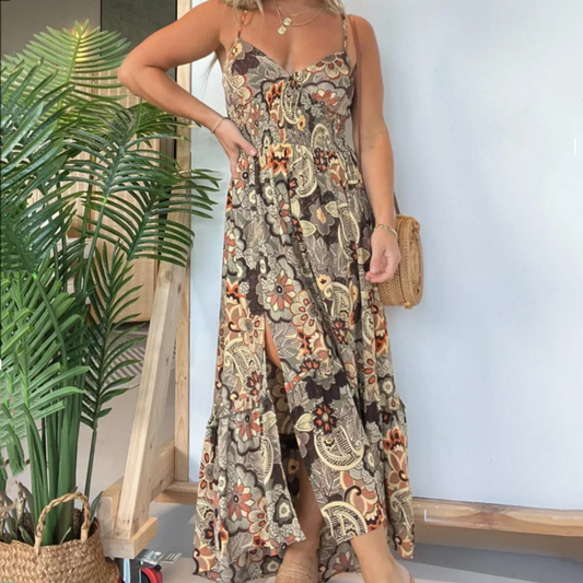 💕Offre à durée limitée 50 % de réduction💕Robe longue sexy à bretelles spaghetti et imprimé floral pour femme