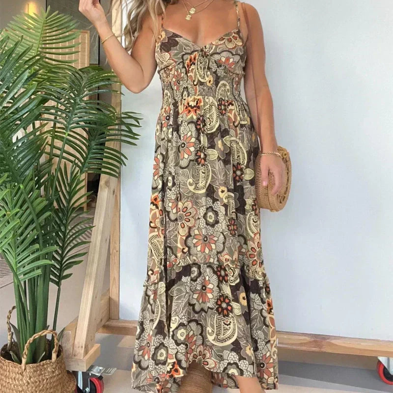 💕Offre à durée limitée 50 % de réduction💕Robe longue sexy à bretelles spaghetti et imprimé floral pour femme