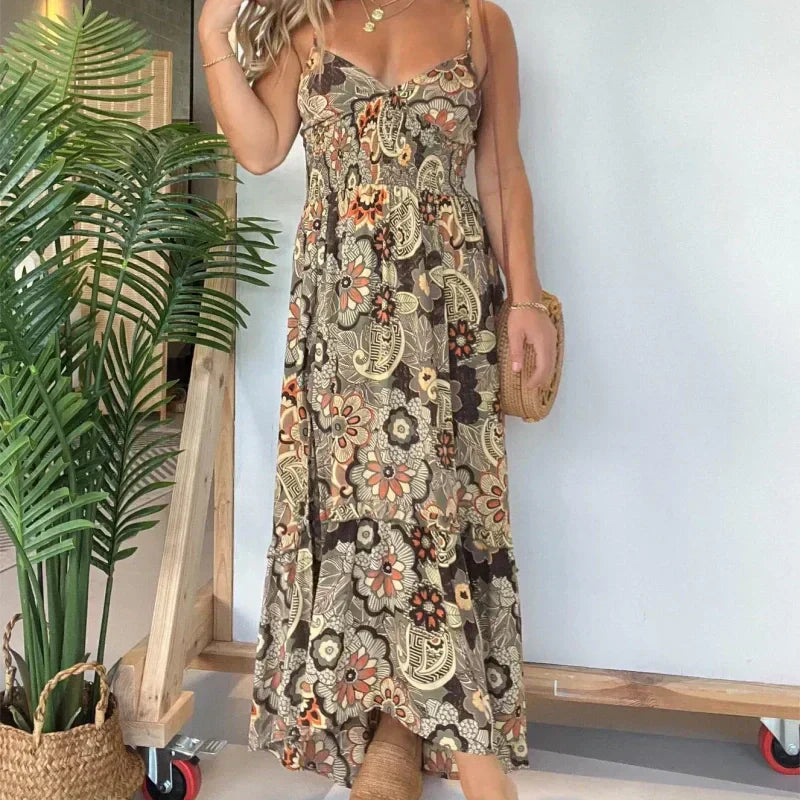 💕Offre à durée limitée 50 % de réduction💕Robe longue sexy à bretelles spaghetti et imprimé floral pour femme