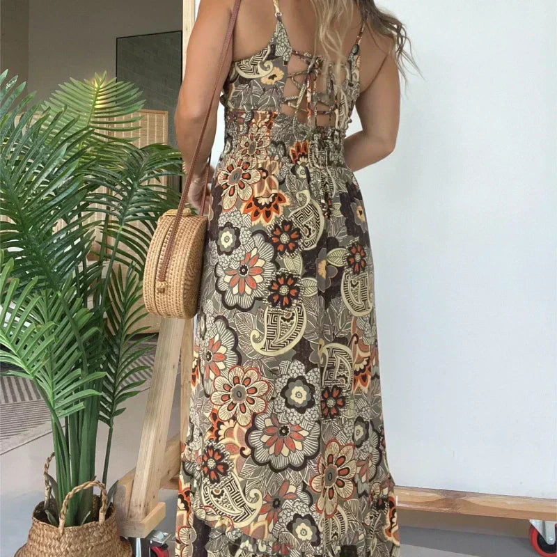 💕Offre à durée limitée 50 % de réduction💕Robe longue sexy à bretelles spaghetti et imprimé floral pour femme