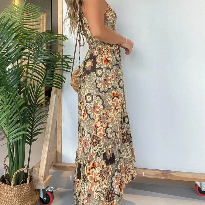 💕Offre à durée limitée 50 % de réduction💕Robe longue sexy à bretelles spaghetti et imprimé floral pour femme