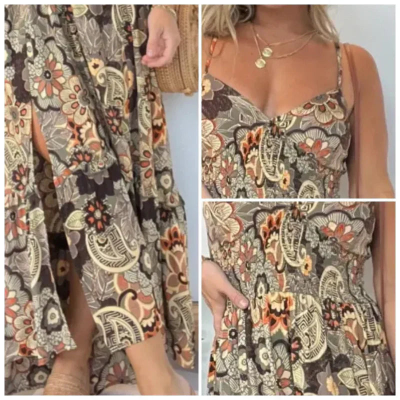 💕Offre à durée limitée 50 % de réduction💕Robe longue sexy à bretelles spaghetti et imprimé floral pour femme