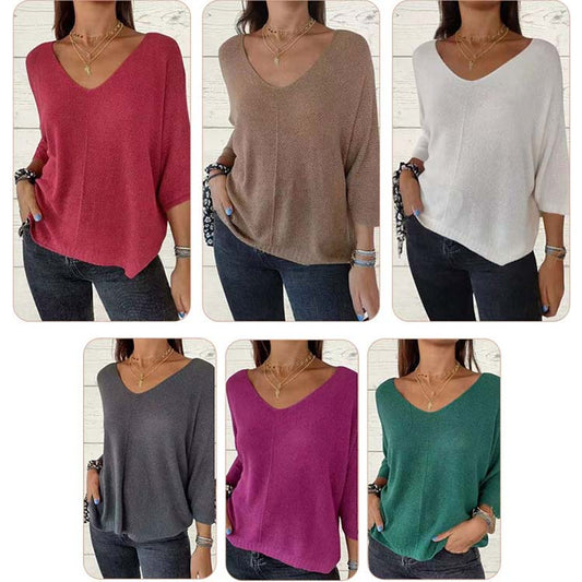 🌸Promotion de saison🌸Top en tricot à manches chauve-souris, couleur unie et décolleté en V pour femme