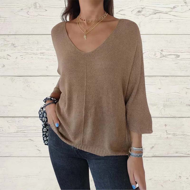 🌸Promotion de saison🌸Top en tricot à manches chauve-souris, couleur unie et décolleté en V pour femme