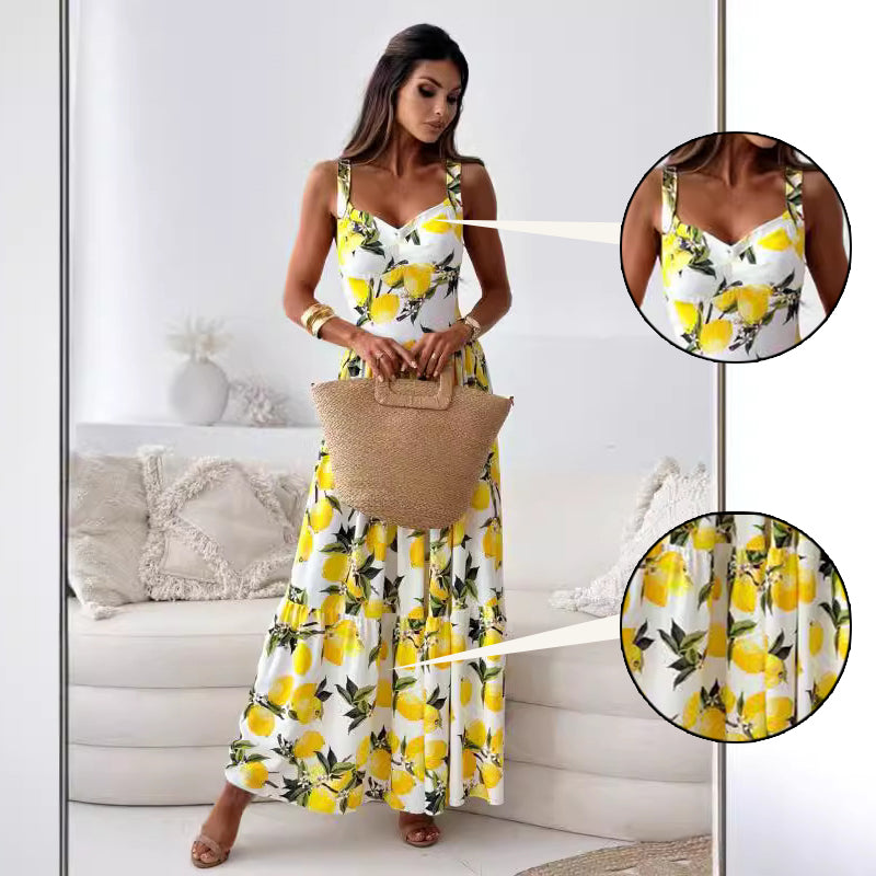 💕Promotion d'été 50% de réduction🍋Robe longue élégante à bretelles spaghetti et imprimé citron pour femmes