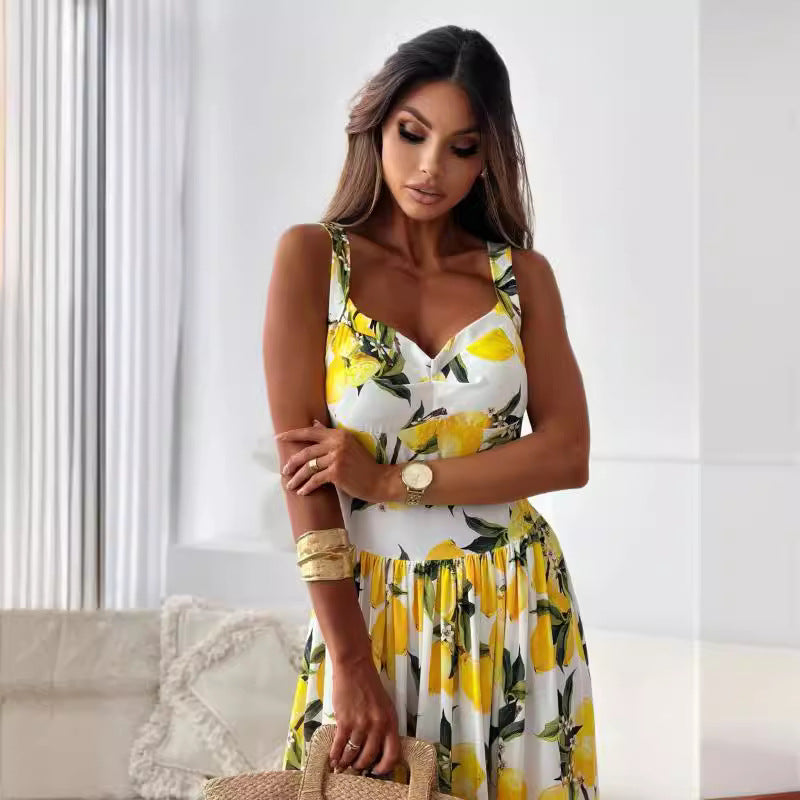 💕Promotion d'été 50% de réduction🍋Robe longue élégante à bretelles spaghetti et imprimé citron pour femmes