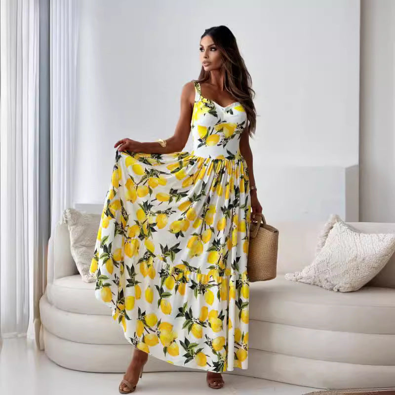 💕Promotion d'été 50% de réduction🍋Robe longue élégante à bretelles spaghetti et imprimé citron pour femmes