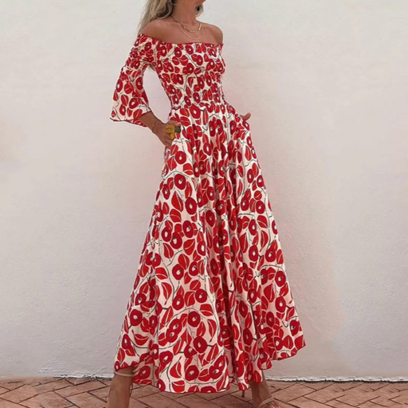 💃2024 Promotion automne 50%OFF💃Robe longue à manches évasées fleur hors épaule