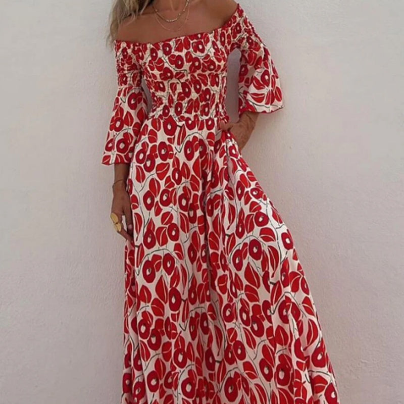 💃2024 Promotion automne 50%OFF💃Robe longue à manches évasées fleur hors épaule