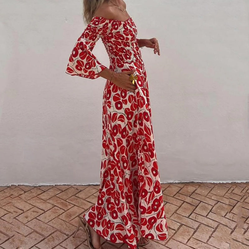 💃2024 Promotion automne 50%OFF💃Robe longue à manches évasées fleur hors épaule