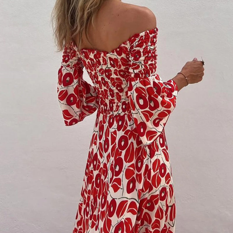 💃2024 Promotion automne 50%OFF💃Robe longue à manches évasées fleur hors épaule