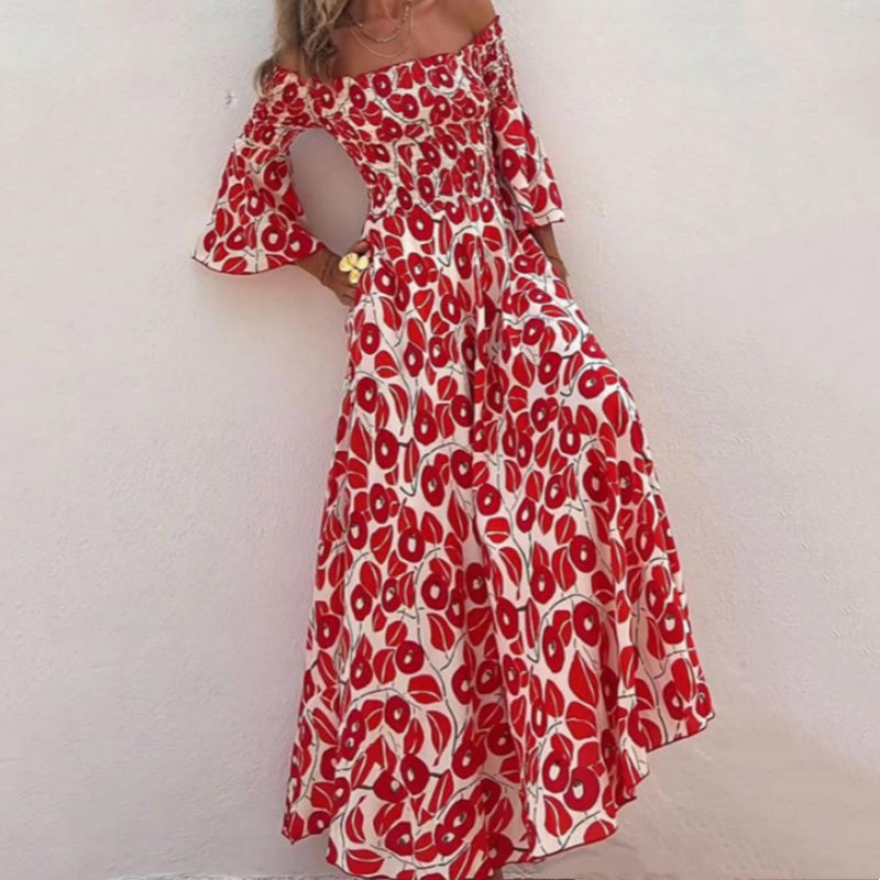 💃2024 Promotion automne 50%OFF💃Robe longue à manches évasées fleur hors épaule