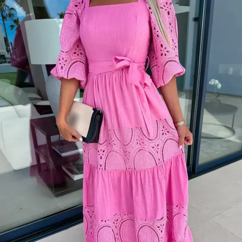 💕Robe longue à col carré et taille nouée en patchwork tendance pour femme