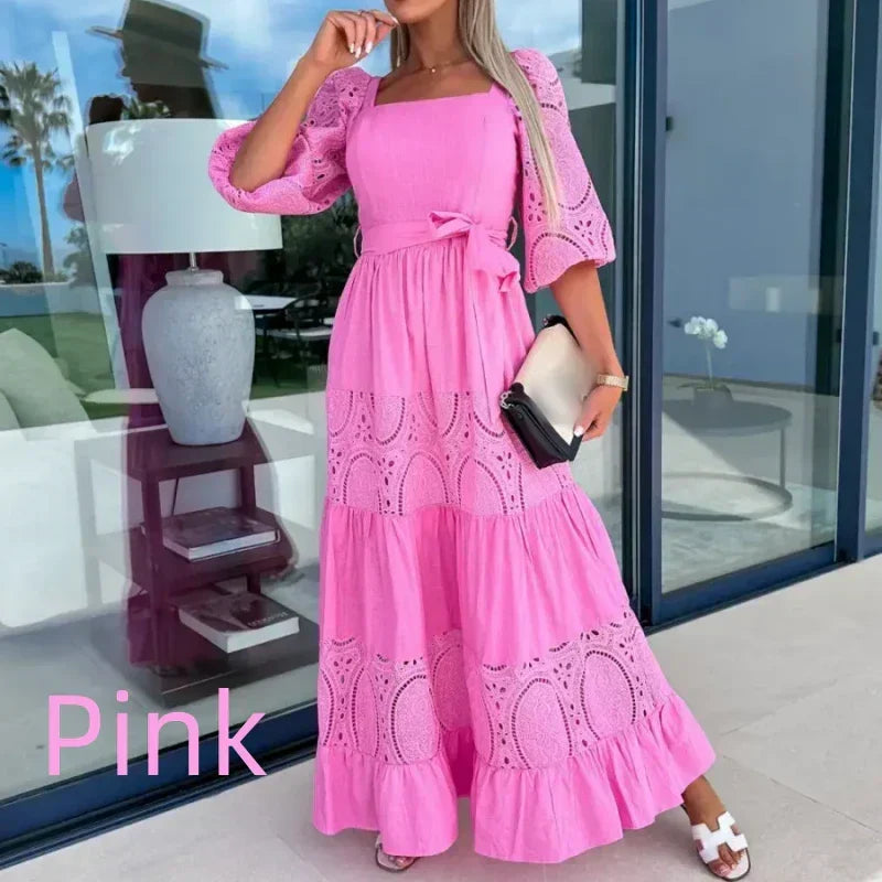 💕Robe longue à col carré et taille nouée en patchwork tendance pour femme