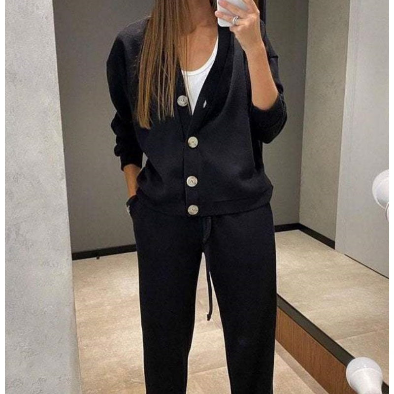 Ensemble deux Pièces Veste et Pantalon Boutonnés en Tricot pour Femmes