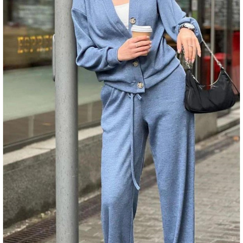 Ensemble deux Pièces Veste et Pantalon Boutonnés en Tricot pour Femmes