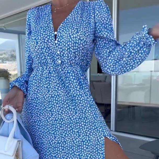 💃Remise à durée limitée 45%💃Robe à manches longues et col en V bleu imprimé pour femme