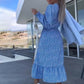 💃Remise à durée limitée 45%💃Robe à manches longues et col en V bleu imprimé pour femme
