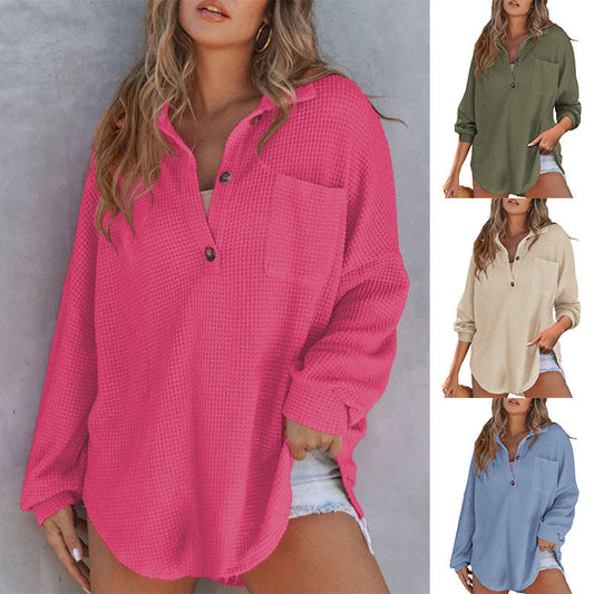 🌸Réduction d'automne 50%🌸Chemise ample en tricot gaufré de couleur unie pour femme