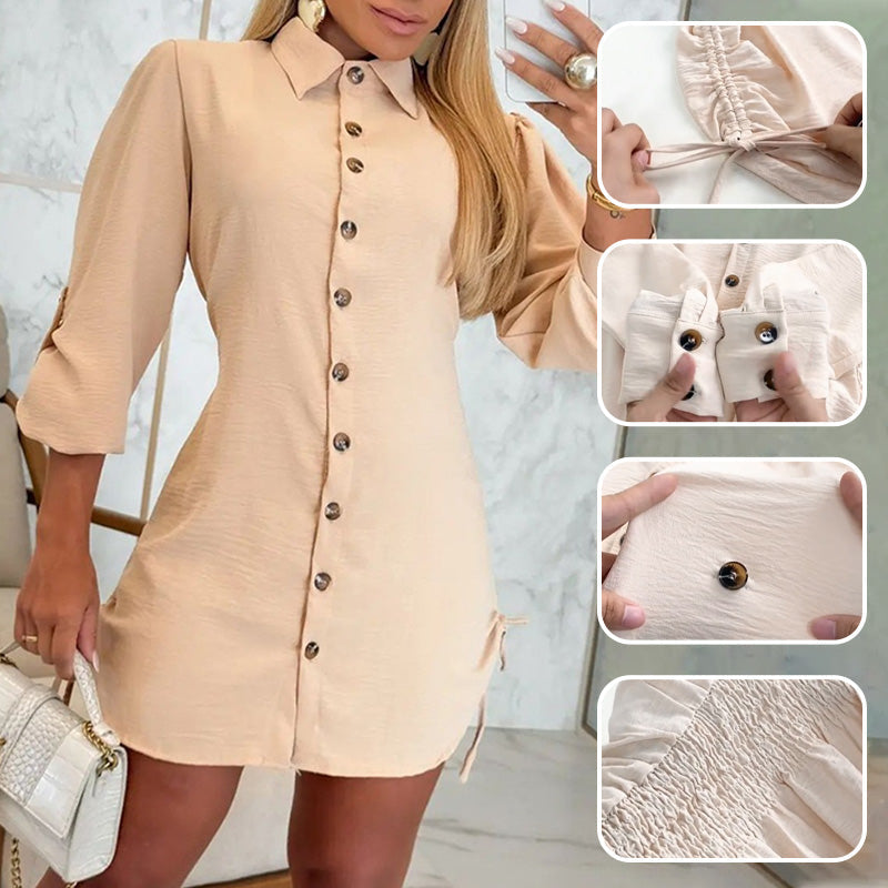 ✨Robe chemise boutonnée à revers et cordon de serrage latéral pour femme