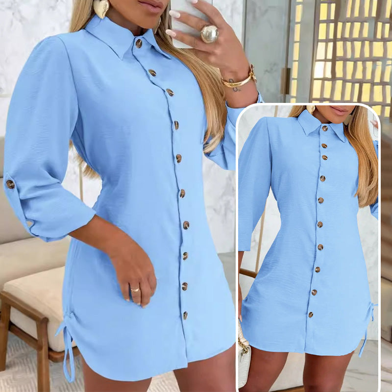 ✨Robe chemise boutonnée à revers et cordon de serrage latéral pour femme