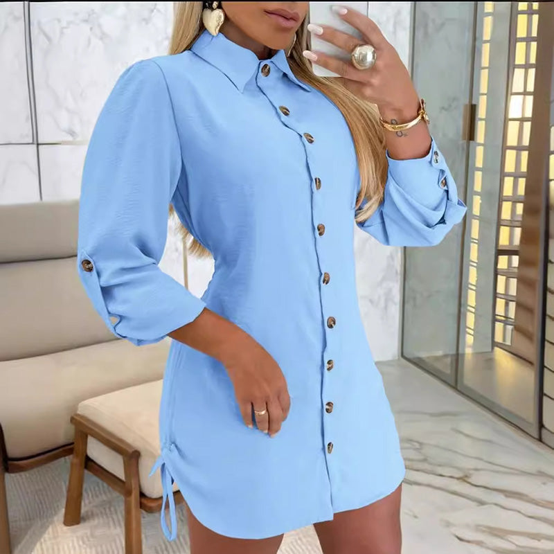 ✨Robe chemise boutonnée à revers et cordon de serrage latéral pour femme