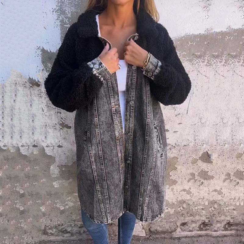 🍂Réduction d'automne 52%🍂Veste chemise longue en denim doublée de sherpa pour femme