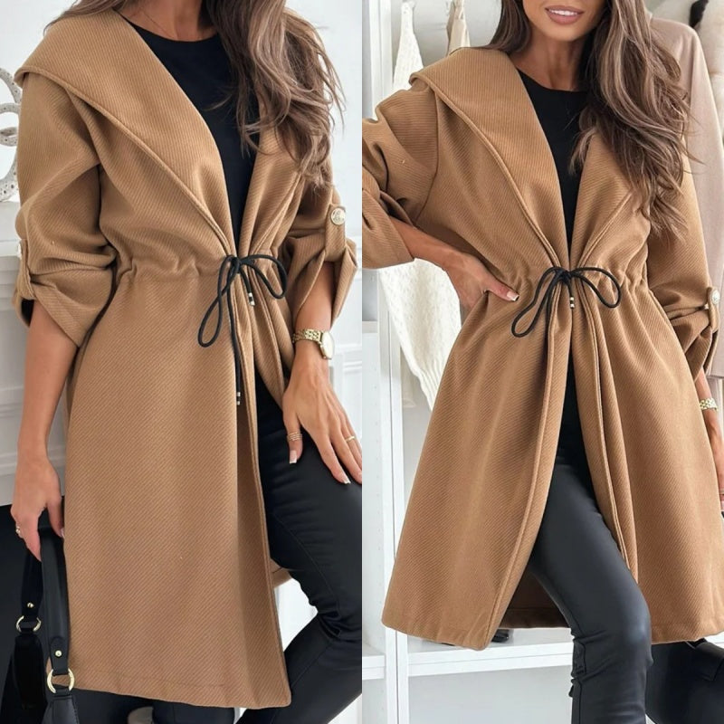 Manteau long à capuche et taille nouée pour femmes