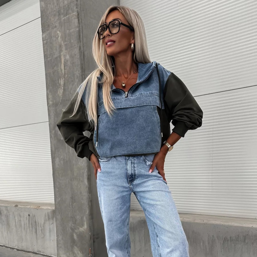 🔥Soldes D'automne 51%OFF🔥Denimjakke med hettegenser og løpesnor for dame