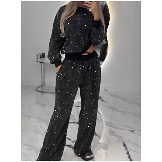 🎅 Soldes de Noël anticipés 🎄 Haut ample à paillettes et pantalon large (ensemble 2 pièces)