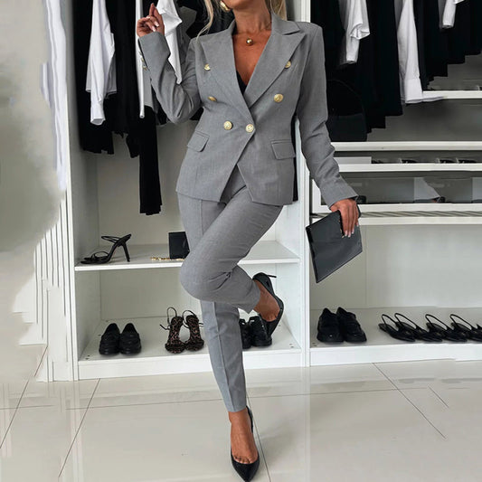 🍂Spéciales d'automne🍂Ensemble de Blazer Croisé et Pantalon Ajusté pour Femmes