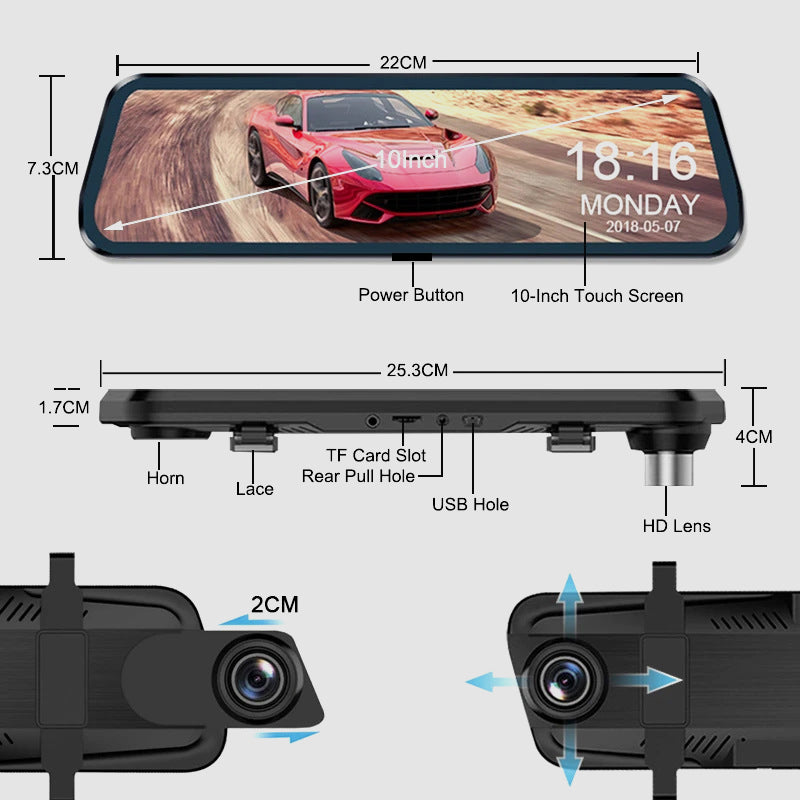 👁️Caméra de recul et dashcam 10 pouces avec écran tactile intégral – Vision nocturne HD 1080P, double objectif – Idéale pour une conduite et un stationnement en toute sécurité🚗📹
