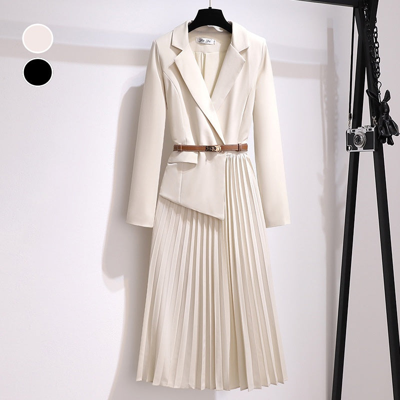 ❄️Rabais saisonnier 52%❄️Robe blazer plissée patchwork asymétrique avec ceinture