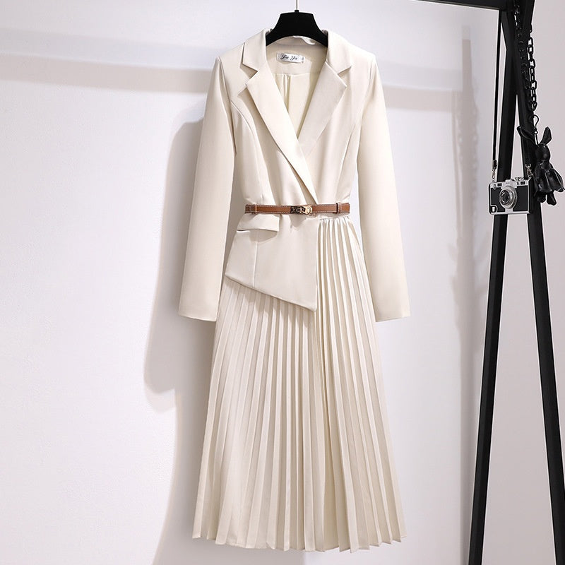 ❄️Rabais saisonnier 52%❄️Robe blazer plissée patchwork asymétrique avec ceinture