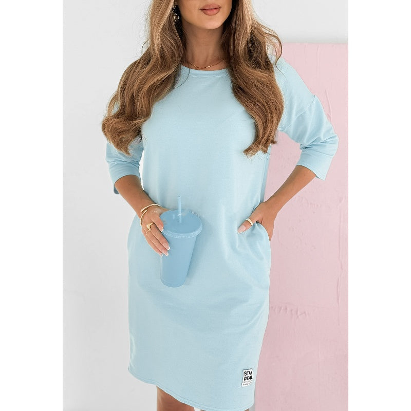 🌸Offres de printemps🌸 Robe à manches 3/4 avec col rond et poches(50 % de réduction)