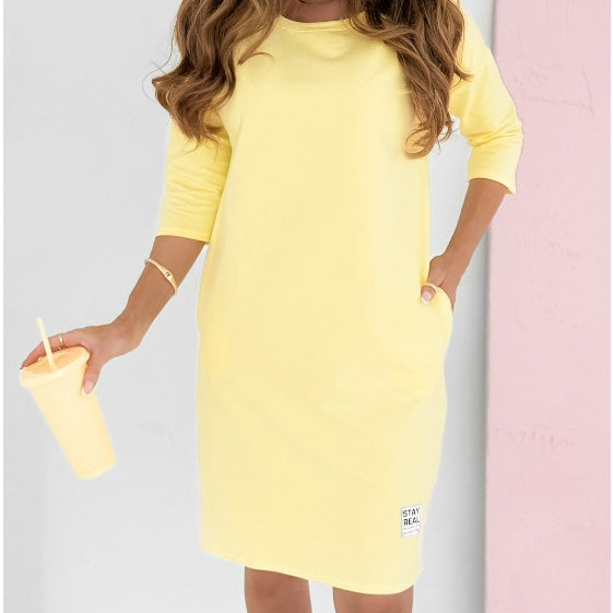 🌸Offres de printemps🌸 Robe à manches 3/4 avec col rond et poches(50 % de réduction)