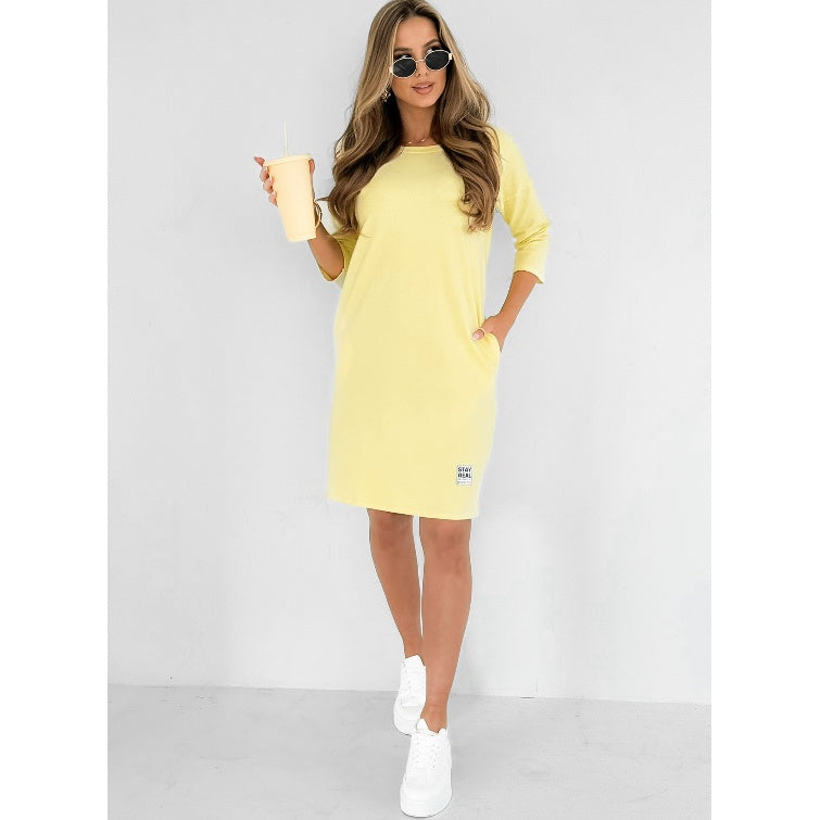 🌸Offres de printemps🌸 Robe à manches 3/4 avec col rond et poches(50 % de réduction)