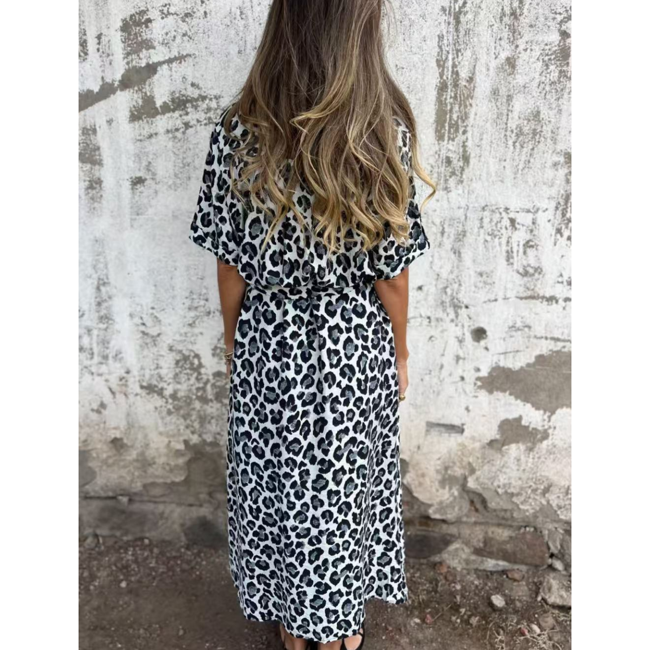 ⏳Réduction de 50 % pour l'été💥Robe longue à col en V et imprimé léopard
