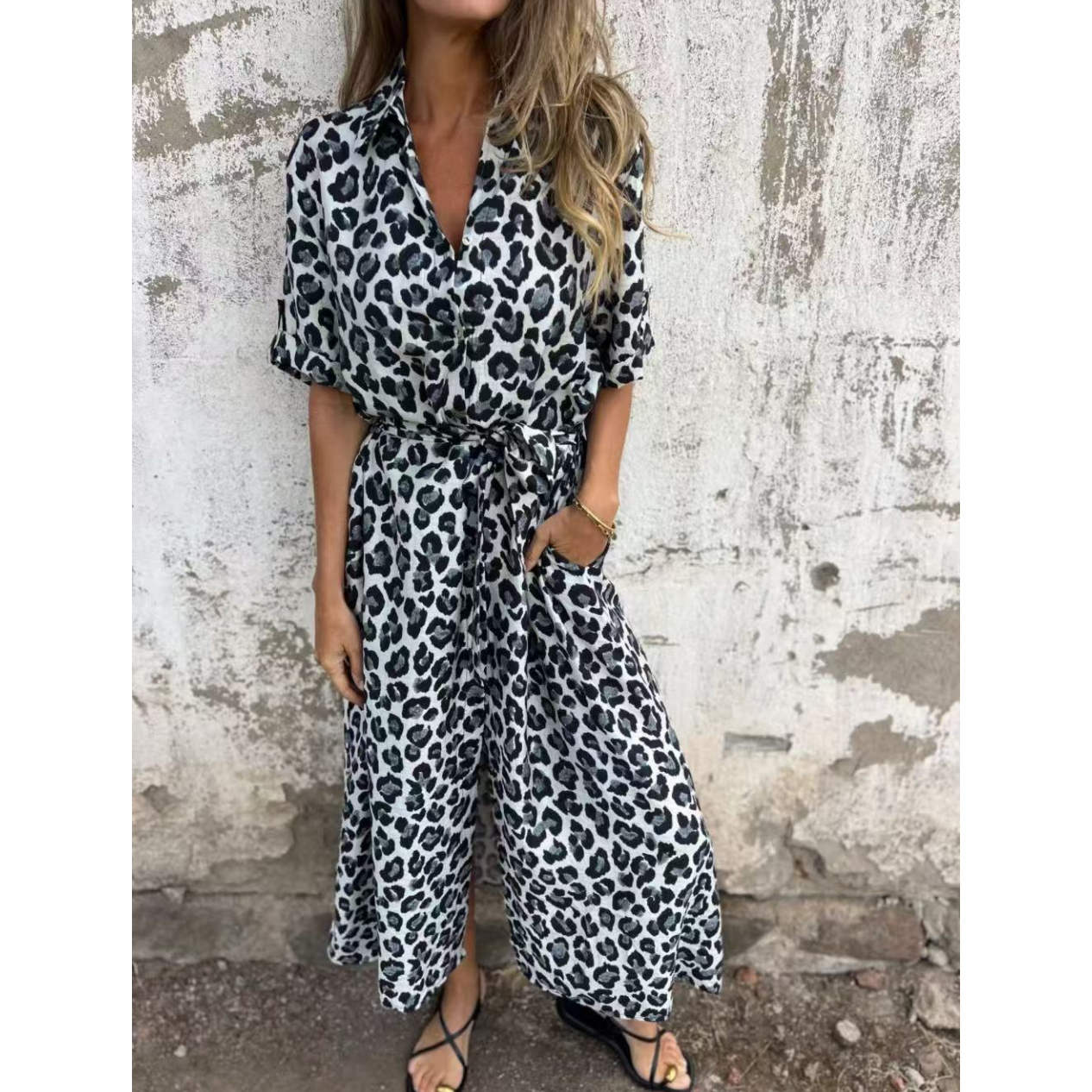 ⏳Réduction de 50 % pour l'été💥Robe longue à col en V et imprimé léopard