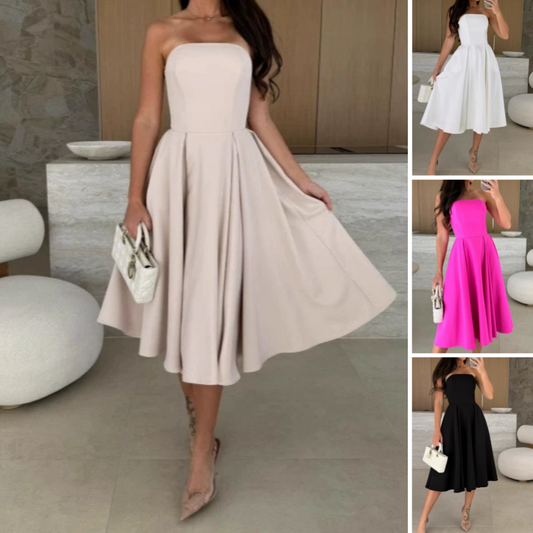 💃Le meilleur de la semaine🔥Robe mi-longue élégante sans bretelles de couleur unie 😍