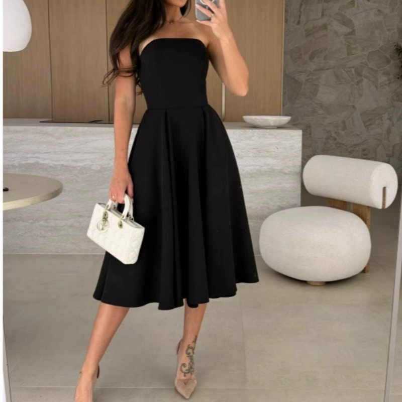 💃Le meilleur de la semaine🔥Robe mi-longue élégante sans bretelles de couleur unie 😍