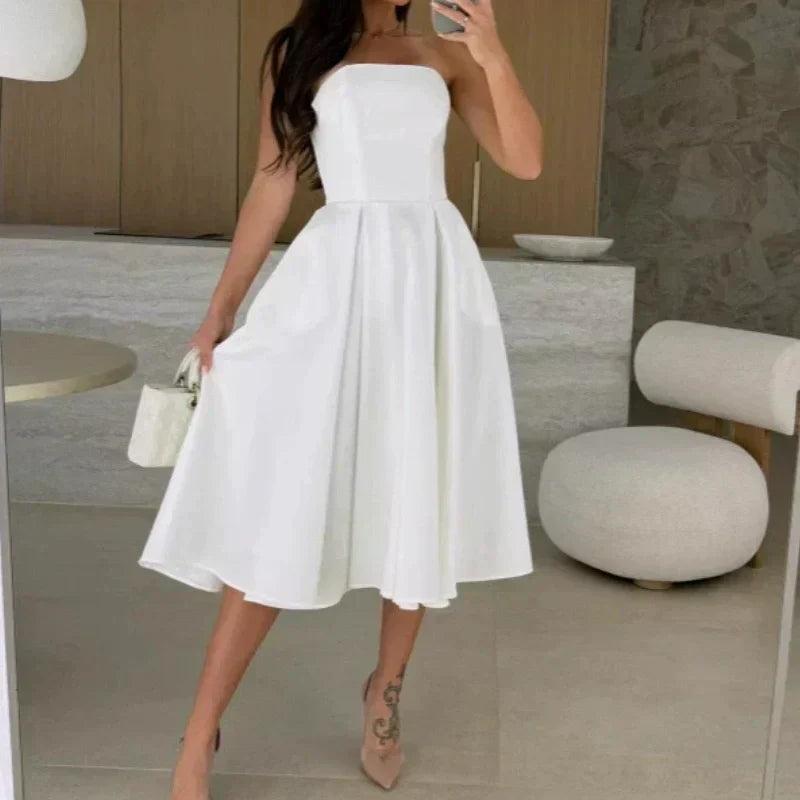 💃Le meilleur de la semaine🔥Robe mi-longue élégante sans bretelles de couleur unie 😍