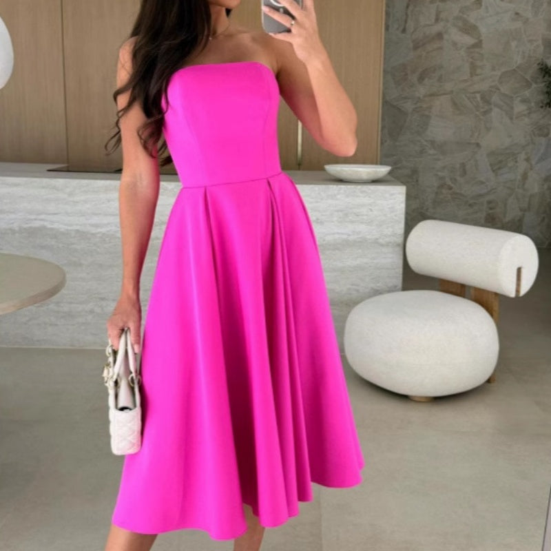 💃Le meilleur de la semaine🔥Robe mi-longue élégante sans bretelles de couleur unie 😍