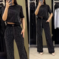🌸2025 Vente à chaud👠Ensemble deux pièces en tricot rayé à strass pour femmes(40 % de réduction)