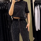 🌸2025 Vente à chaud👠Ensemble deux pièces en tricot rayé à strass pour femmes(40 % de réduction)